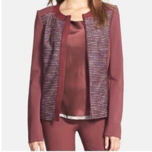 Lafayette 148 New York Drina Leather Trim Zip Jacket in Wine and Purple Tweed